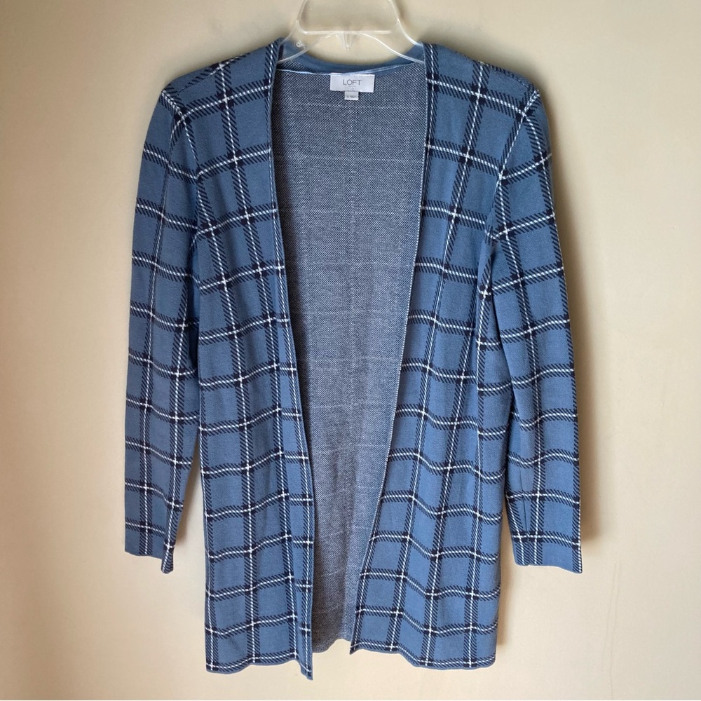 LOFT Women's Blue Plaid Open Front Longline Cardigan